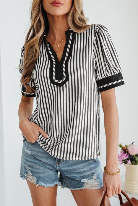 Classic Stripe Collared Bubble Sleeve Blouse | S-XL