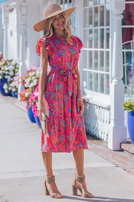 Belted Floral Flutter Sleeve Long Dress | S-XL