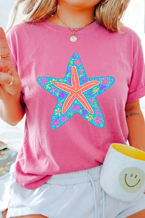 Starfish & Floral Print Relaxed Fit Tee | S-XL