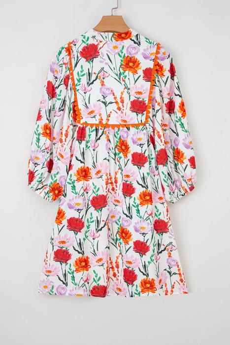 Floral Print Ricrac Trim Puff Sleeve Mini Dress | S-XL