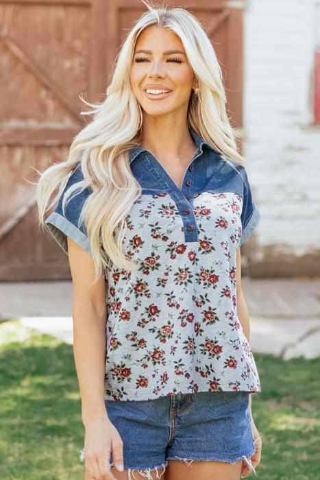 Gorgeous Retro Garden Denim Patchwork Buttoned Collar | S-XL