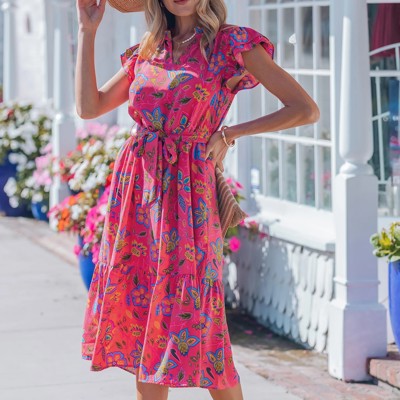Belted Floral Flutter Sleeve Long Dress | S-XL
