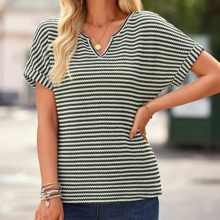 Notched V-Neck Textured Knit Short Sleeve Top | S-XL