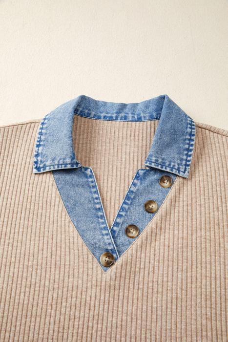 Ribbed Knit Denim Color Block Collared Blouse | S-XL
