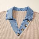  Ribbed Knit Denim Color Block Collared Blouse | S-XL