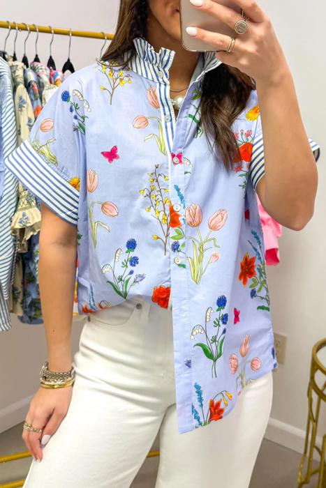 Floral Striped Patchwork Ruffled Collar Shirt | S-XL