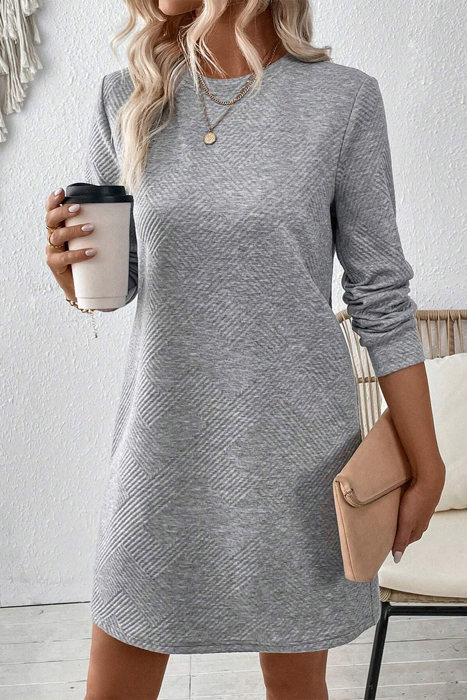 Textured Long Sleeve Side Pockets Shift Dress