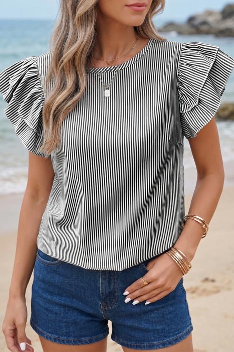 Ruffle Sleeve Stripe Round Neck Blouse | S-XL