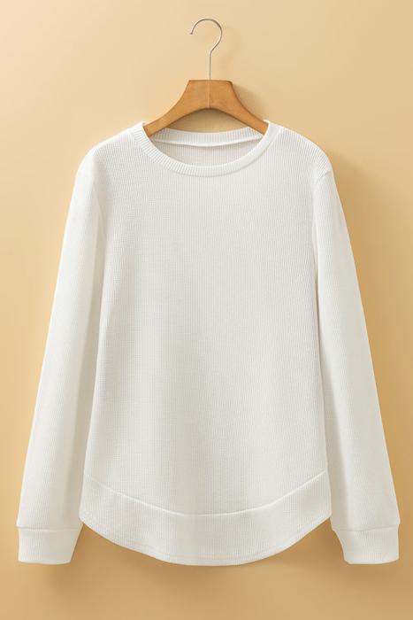 Waffle Knit Rounded Hem Long Sleeve Top | S-XL