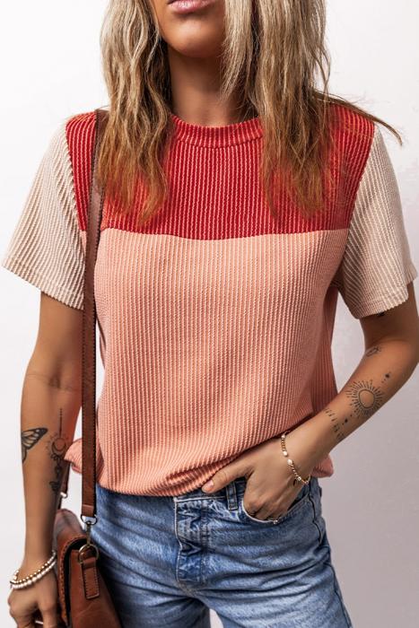 Rib Textured Colorblock Short Sleeve Top | S-XL