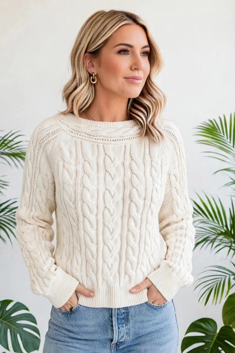 Cable Knit Drop Shoulder Sweater | S-XL