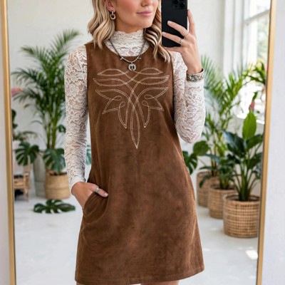 Geometric Stitch Corduroy Mini Dress | S-XL
