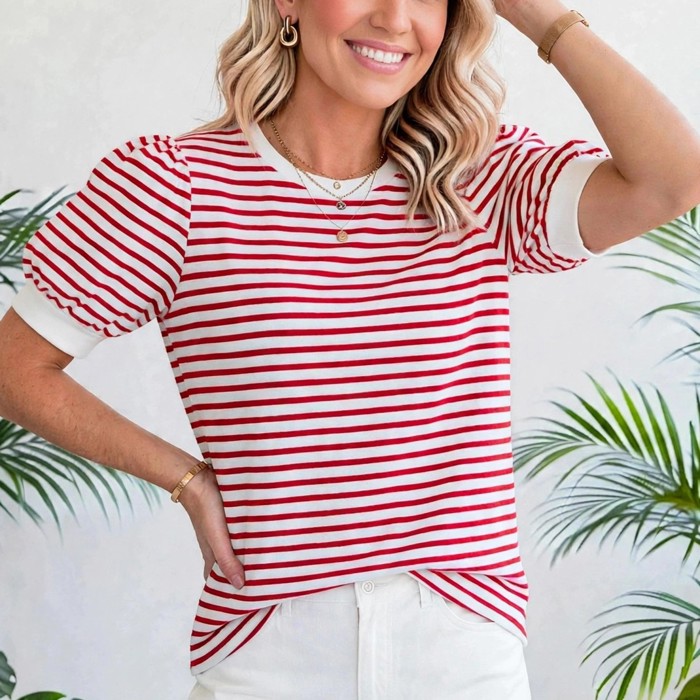 Stripe Trim Round Neck Short Puff Sleeve Top | S-XL