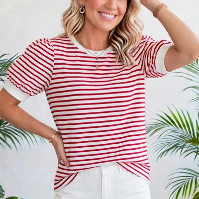 Stripe Trim Round Neck Short Puff Sleeve Top | S-XL