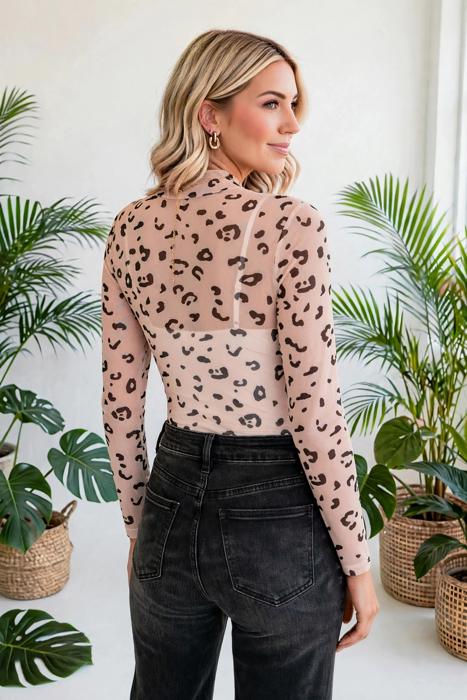 Leopard Print Sheer Mesh Mock Neck Bodysuit | S-XL
