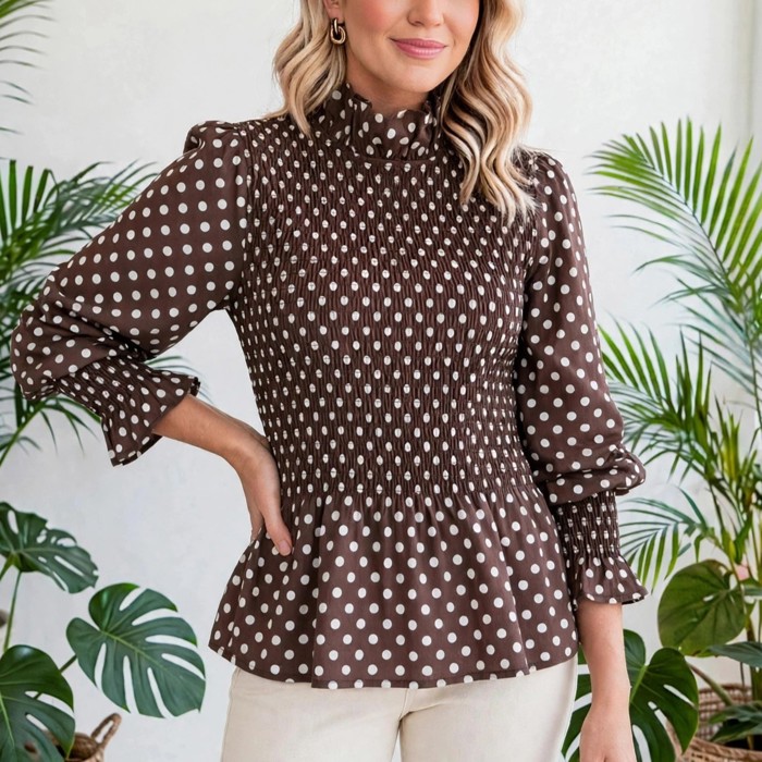Polka Dot Shirred High Neck Ruffle Blouse | S-XL