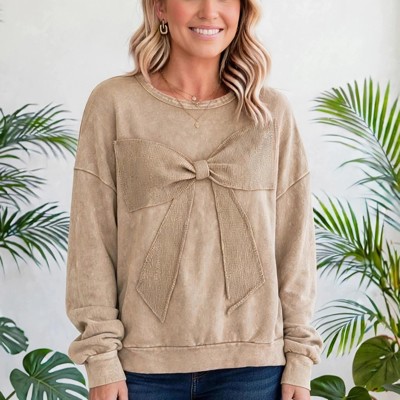 Mineral Wash Bow Patchwork Pullover Sweatshirt | S-XL