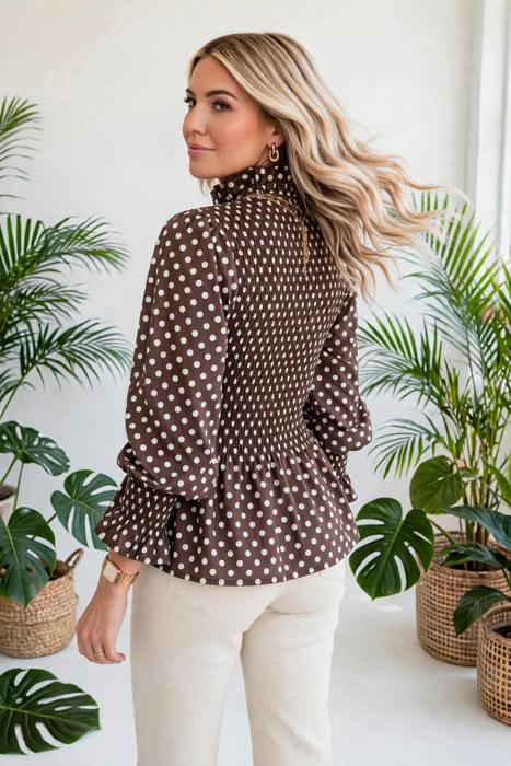 Polka Dot Shirred High Neck Ruffle Blouse | S-XL