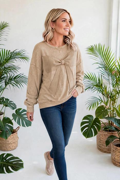Mineral Wash Bow Patchwork Pullover Sweatshirt | S-XL