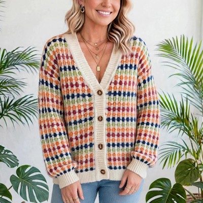 Dot Pattern Knit Button Front V Neck Cardigan | S-XL