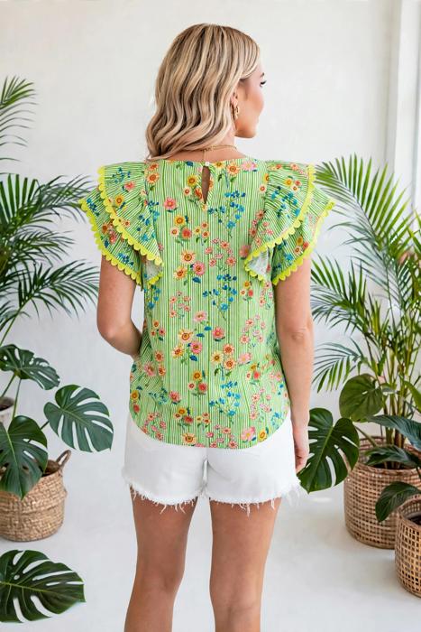 Stripe Floral Ruffle Sleeve Top | S-XL