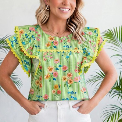 Stripe Floral Ruffle Sleeve Top | S-XL