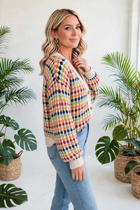 Dot Pattern Knit Button Front V Neck Cardigan | S-XL
