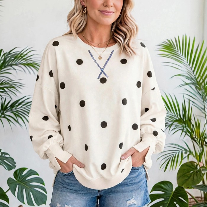 Polka Dot Loose-Fit Long Sleeve Top | S-XL