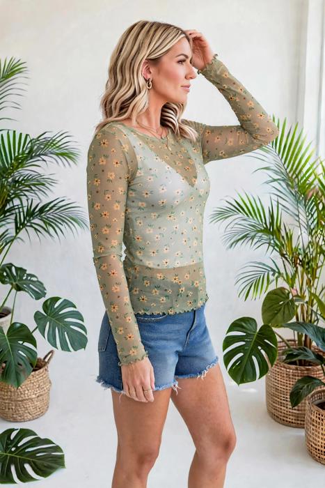 Vintage Floral Print Sheer Long Sleeve Top | S-XL