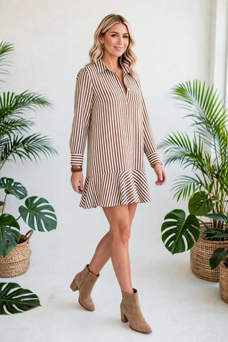 Striped Ruffle Hem Collared Mini Dress | S-XL