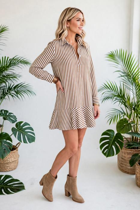 Striped Ruffle Hem Collared Mini Dress | S-XL