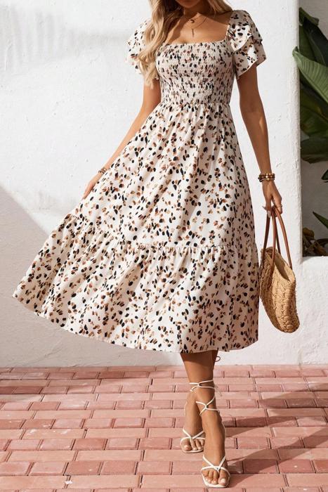 Ditsy Floral Print Smocked Square Neck Mini Dress | S-XL