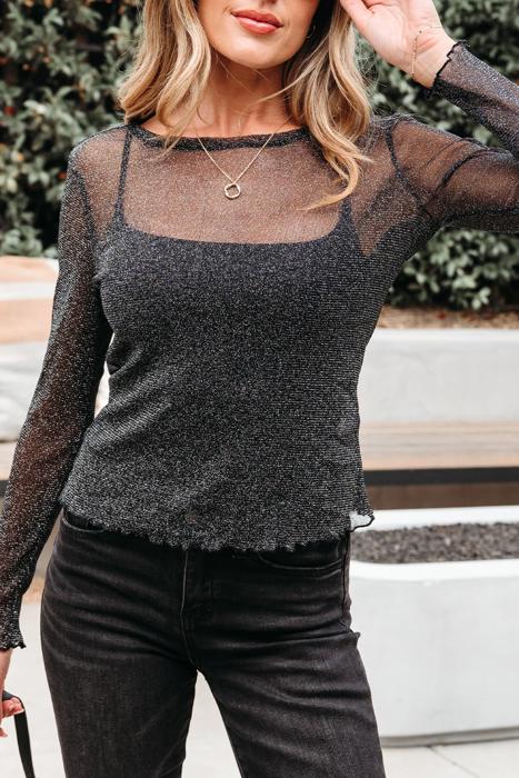 Metallic Shimmer Mesh Long Sleeve Blouse | S-XL