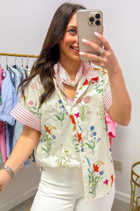 Floral Striped Patchwork Ruffled Collar Shirt | S-XL