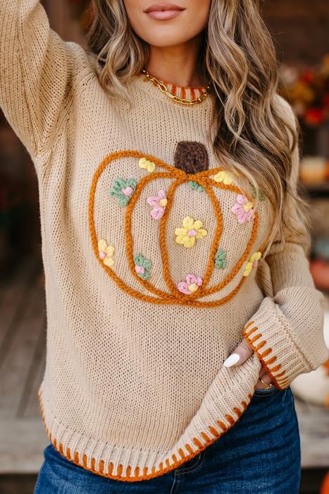 Pumpkin Embroidered Long Sleeve Sweater | S-XL