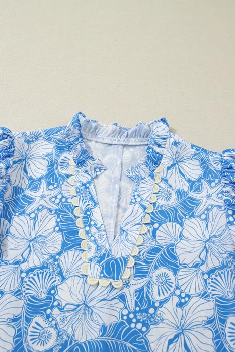 Ocean Bloom Collared Scallop Trim Blouse | S-XL