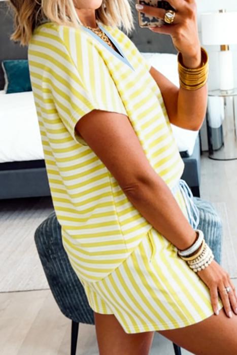 Stripe Detail Tee and Elastic Waist Shorts Set | S-XL