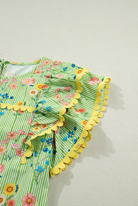 Stripe Floral Ruffle Sleeve Top | S-XL