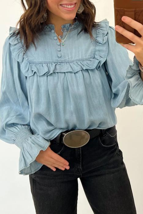 Western Ruffle V-Neck Chambray Blouse | S-XL