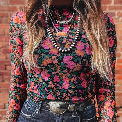 Floral Mesh Mock Neck Long Sleeve Top | S-XL