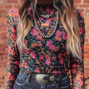  Floral Mesh Mock Neck Long Sleeve Top | S-XL