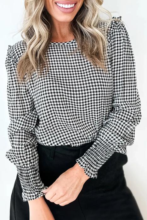 Plaid Shirred Cuff Long Sleeve Blouse | S-XL