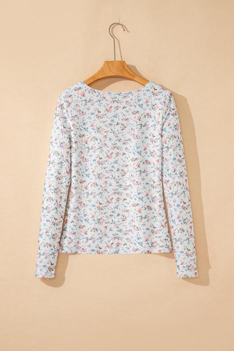 Floral Print Textured Square Neck Long Sleeve Top | S-XL