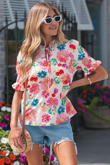 Floral Tie V-Neck Puff Sleeve Top | S-XL