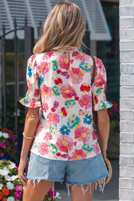 Floral Tie V-Neck Puff Sleeve Top | S-XL