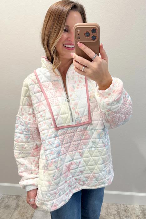 Floral Embroidered Quilted Zip-Up Sweatshirt | S-XL