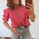  Short Puff Sleeve Stripe Ruffle Blouse | S-XL