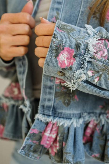 Floral Print Ruffle Hem Denim Jacket | S-XL