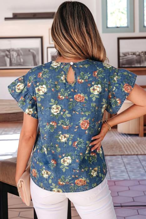 Casual Floral Denim Puff Sleeve Top | S-XL
