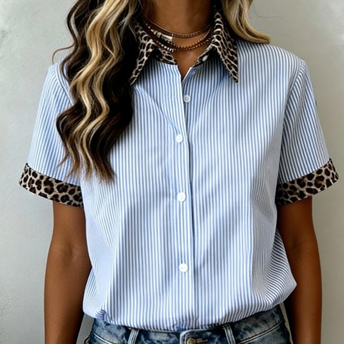 Stripe Contrast Leopard Collared Shirt | S-XL